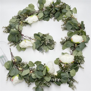 LED-lyskæde med eukalyptusblade og blomster – varmt hvidt lys – 1,9 m, 20 lys